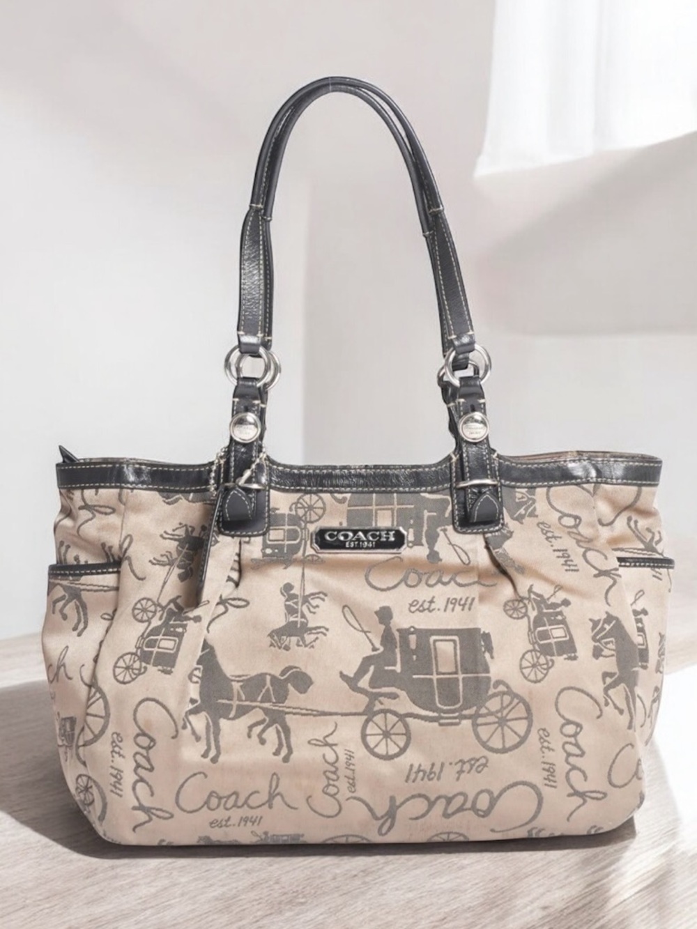 Coach Horse and Carriage Beige and Brown Signature Print Shoulder Bag